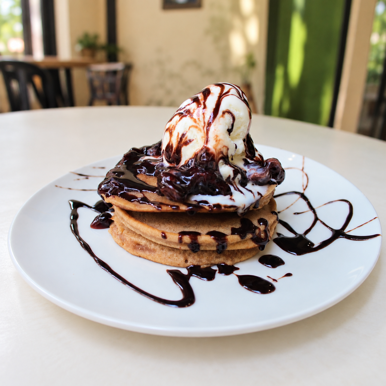 Pancakes topped with ice cream and chocolate