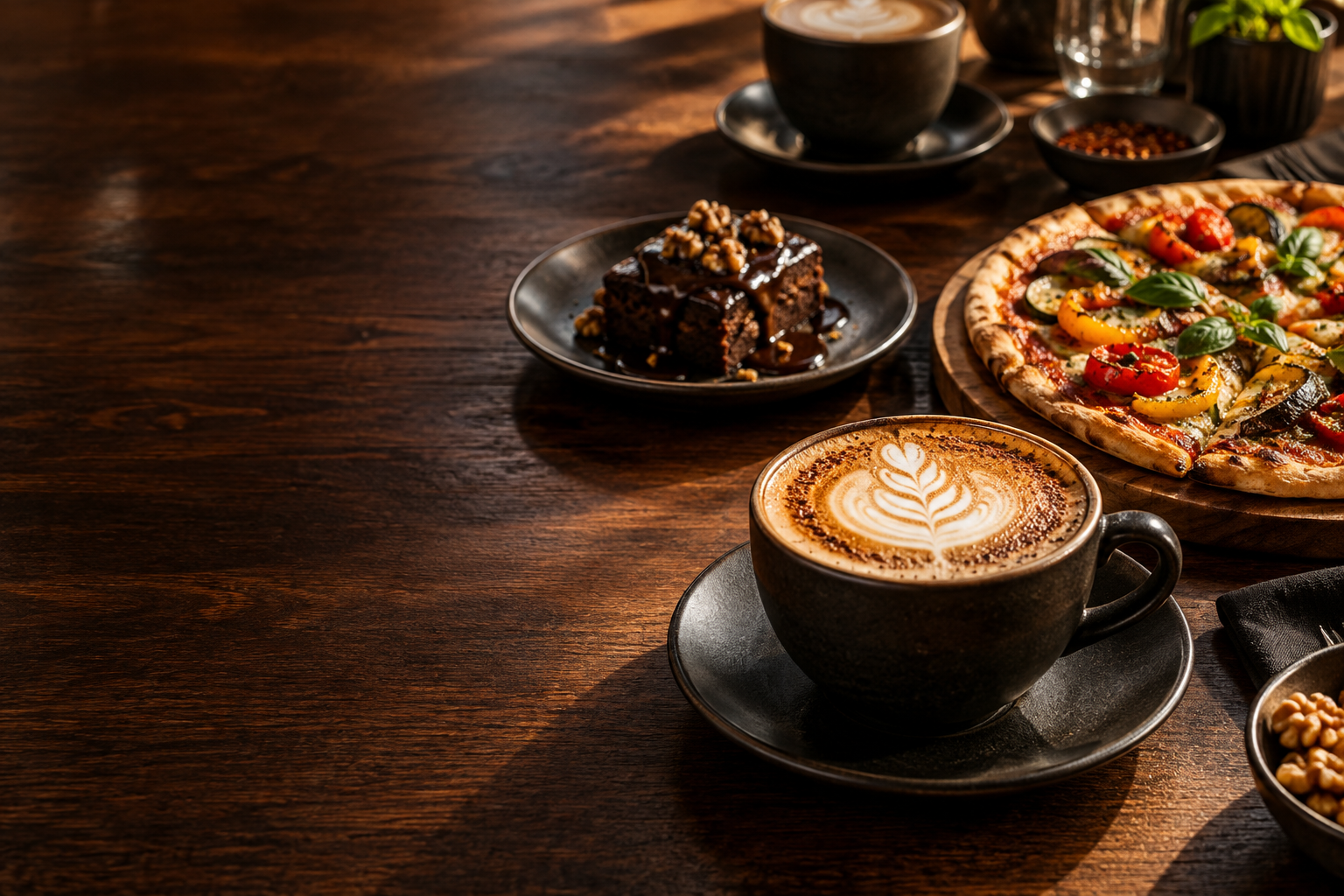 Coffee and a colourful café spread in warm afternoon light